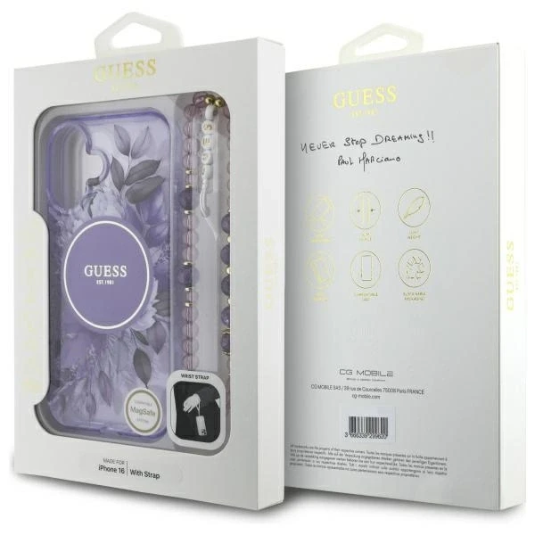 Guess IML Flowers With Pearl Strap MagSafe - dėklas skirtas Apple iPhone 16 Violetinė
