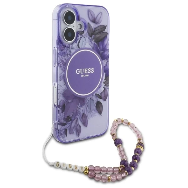 Guess IML Flowers With Pearl Strap MagSafe - dėklas skirtas Apple iPhone 16 Violetinė