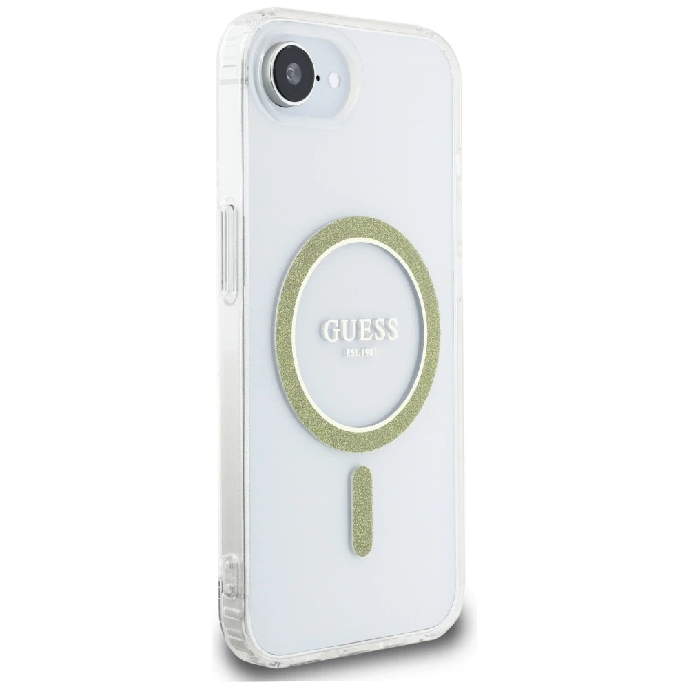 Guess IML Glitter Circle MagSafe iPhone 16e dėklas – skaidrus