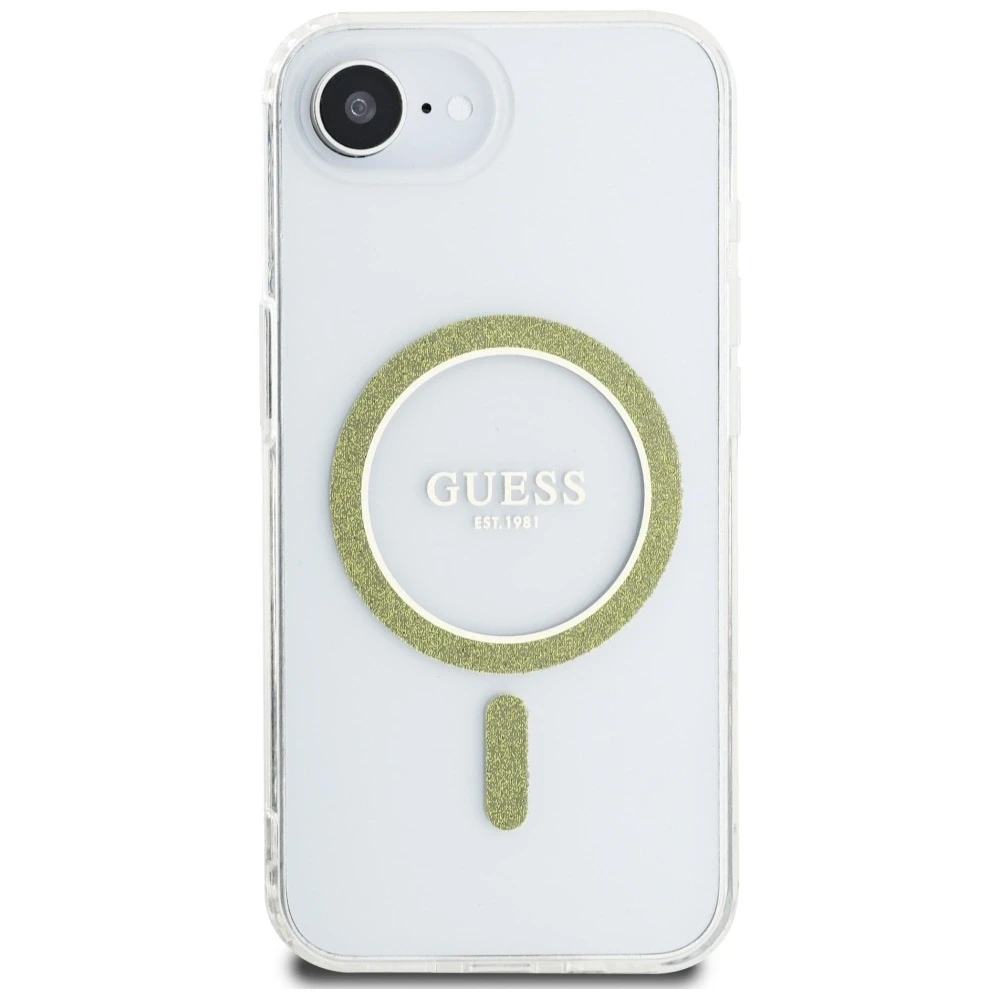 Guess IML Glitter Circle MagSafe iPhone 16e dėklas – skaidrus