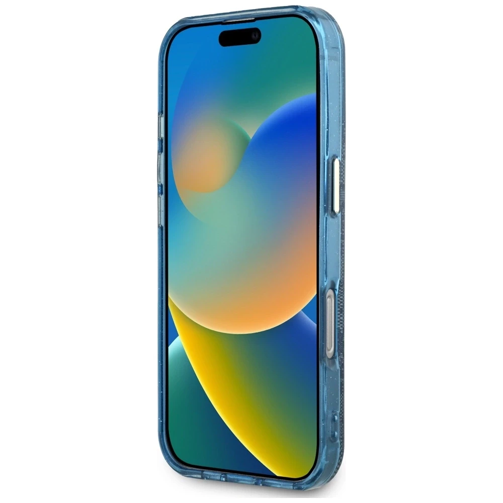 Guess IML Metal Glitter 4G Circle Triangle MagSafe dėklas, skirtas iPhone 16 Pro - Mėlyna