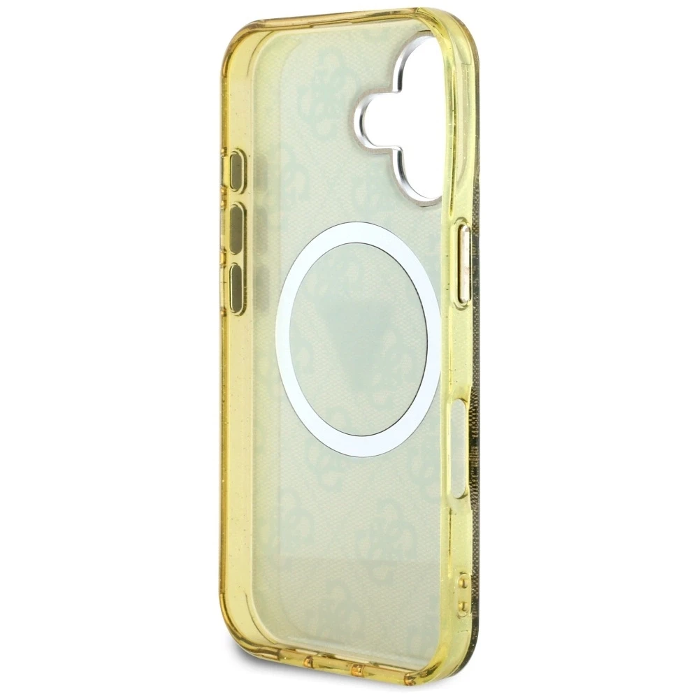Dėklas Guess IML Metal Glitter 4G Circle Triangle MagSafe Apple iPhone 16 rudos spalvos