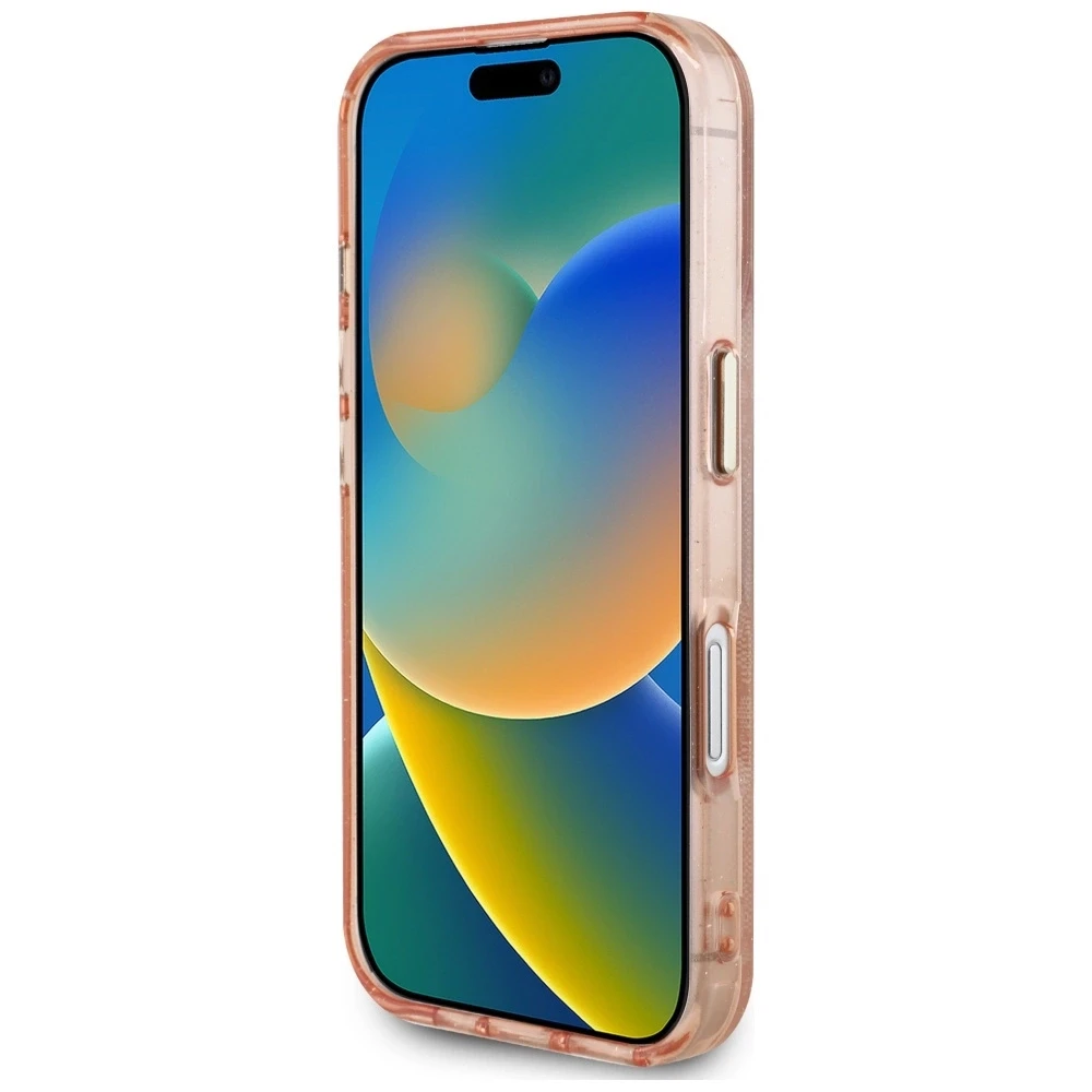 Guess IML Metal Glitter 4G Circle Triangle MagSafe dėklas iPhone 16 - rožinis