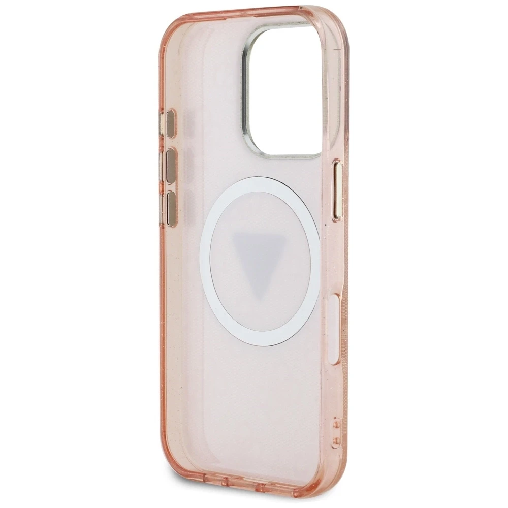 Guess IML Metal Glitter 4G Circle Triangle MagSafe dėklas, skirtas iPhone 16 Pro - Rožinė