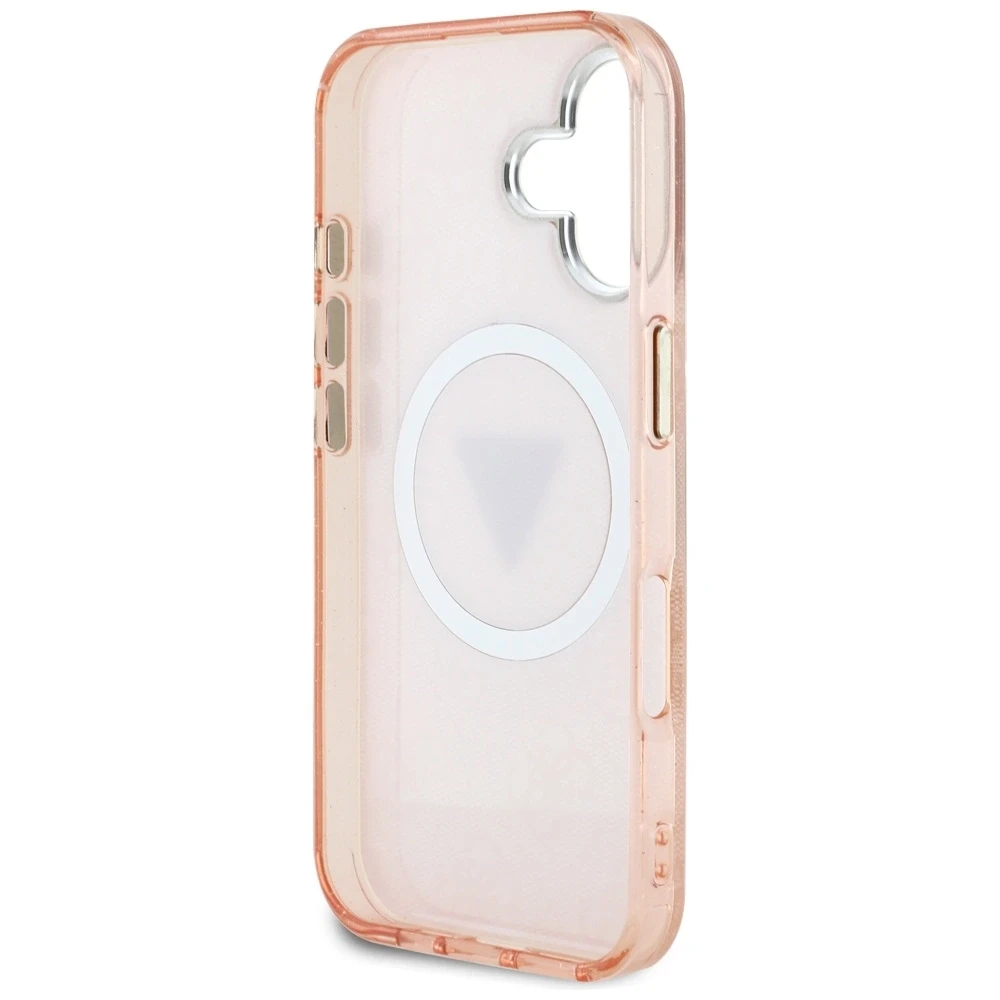 Guess IML Metal Glitter 4G Circle Triangle MagSafe dėklas iPhone 16 - rožinis