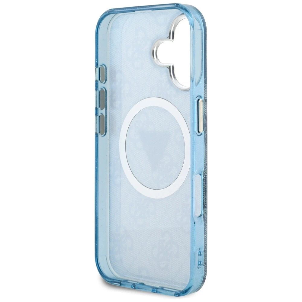Guess IML Metal Glitter 4G Circle Triangle MagSafe dėklas, skirtas iPhone 16 - Mėlyna