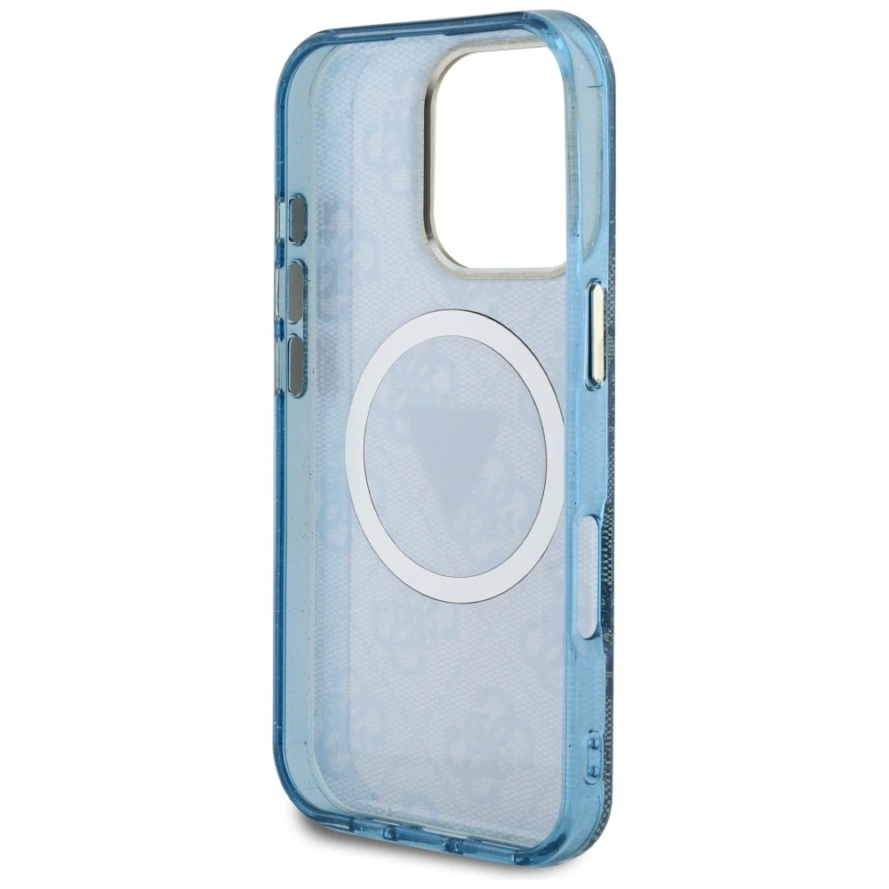 Guess IML Metal Glitter 4G Circle Triangle MagSafe dėklas, skirtas iPhone 16 Pro - Mėlyna
