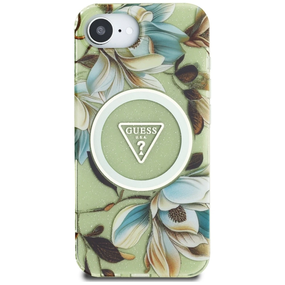 Guess IML Metal Glitter Flowers Triangle MagSafe iPhone 16e Dėklas - Žalias