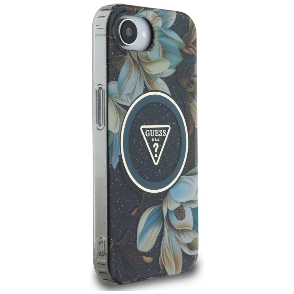Guess IML Metal Glitter Flowers Triangle MagSafe dėklas iPhone 16e - juodas