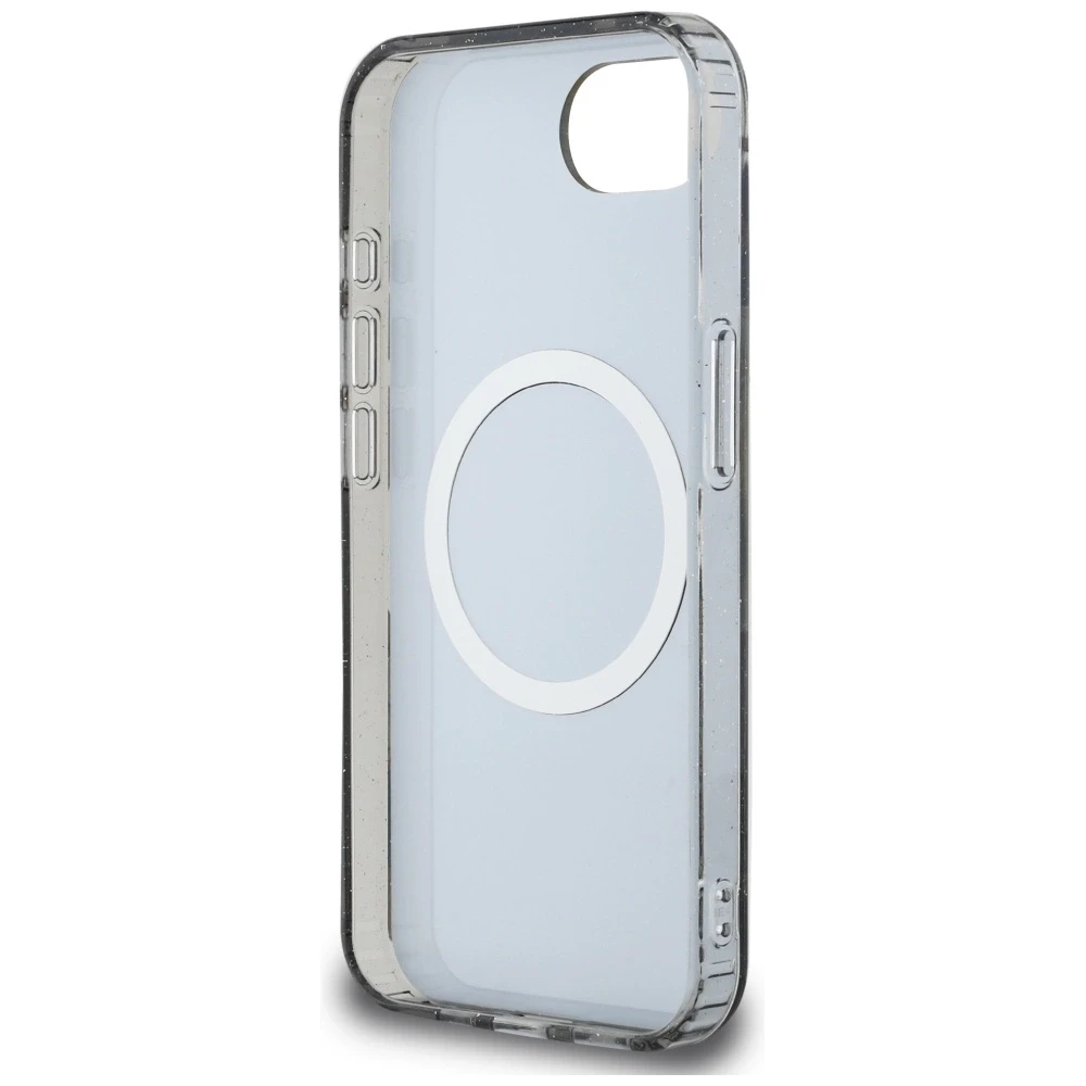 Guess IML Metal Glitter Flowers Triangle MagSafe dėklas iPhone 16e - juodas
