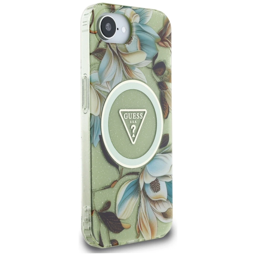 Guess IML Metal Glitter Flowers Triangle MagSafe iPhone 16e Dėklas - Žalias