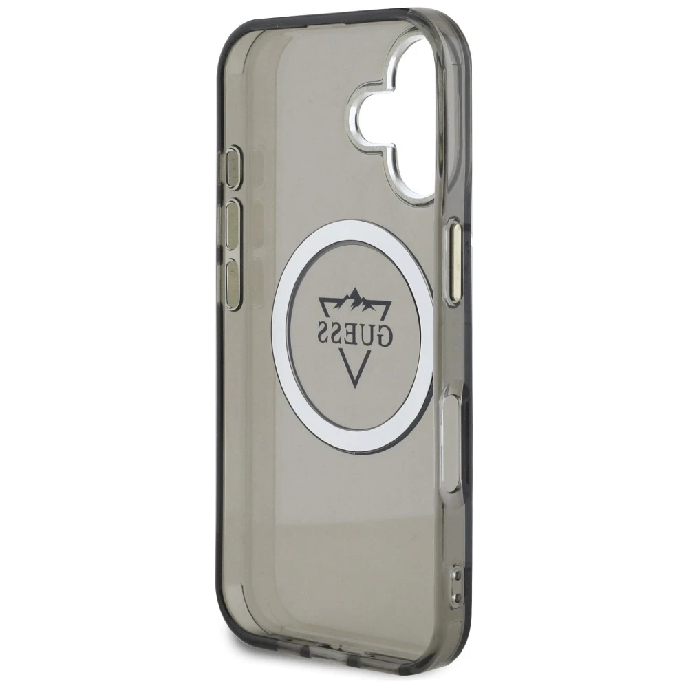 Dėklas Guess IML Metal Mountain Logo MagSafe Apple iPhone 16 juodos spalvos