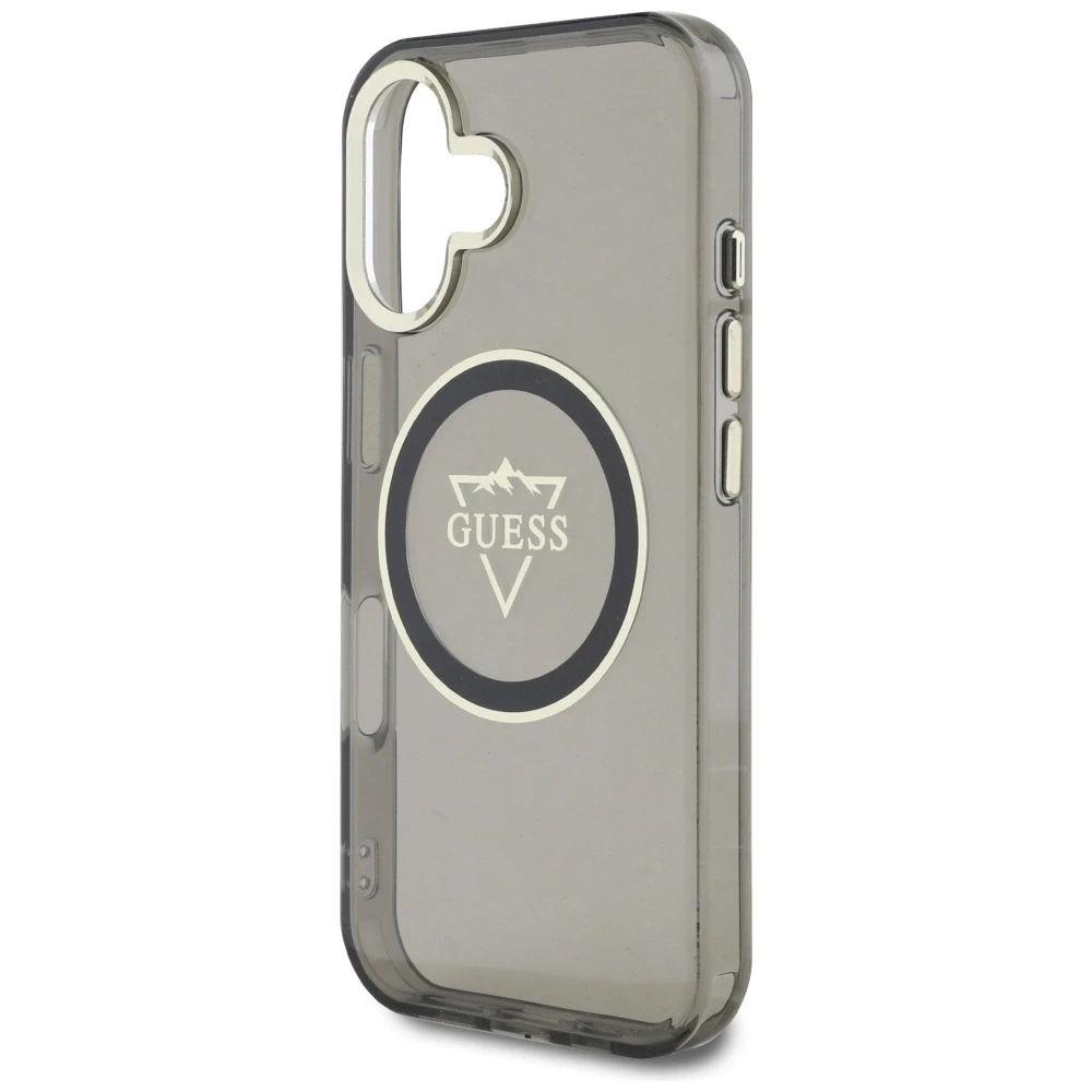 Dėklas Guess IML Metal Mountain Logo MagSafe Apple iPhone 16 juodos spalvos