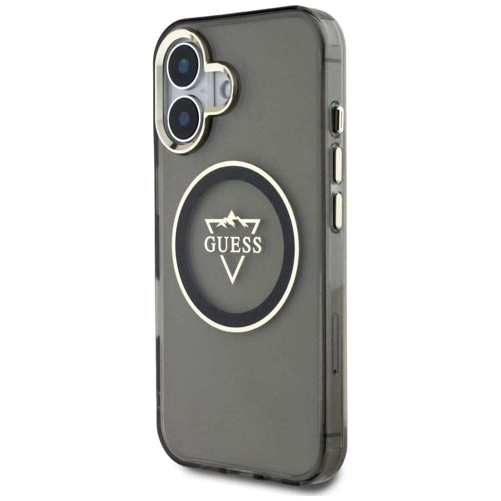 Dėklas Guess IML Metal Mountain Logo MagSafe Apple iPhone 16 juodos spalvos
