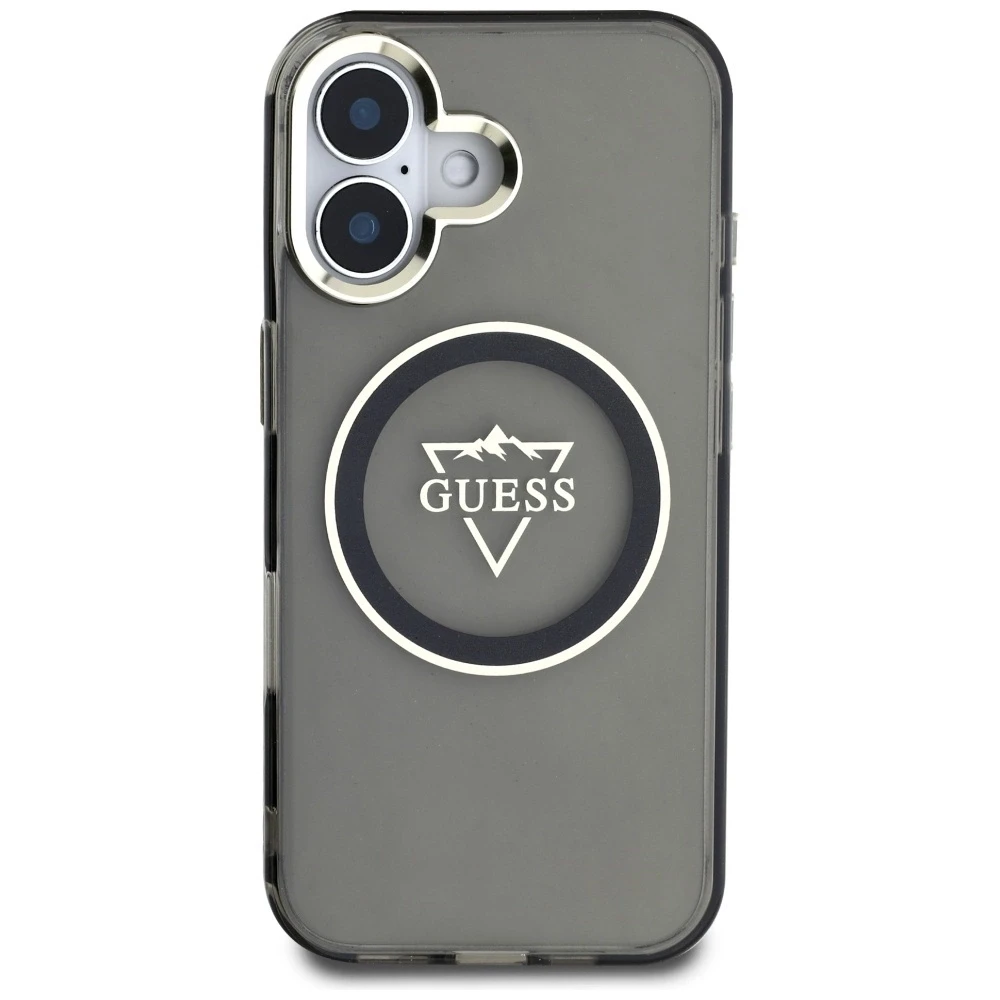 Dėklas Guess IML Metal Mountain Logo MagSafe Apple iPhone 16 juodos spalvos