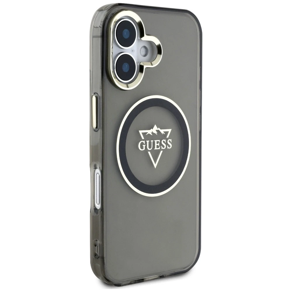 Dėklas Guess IML Metal Mountain Logo MagSafe Apple iPhone 16 juodos spalvos