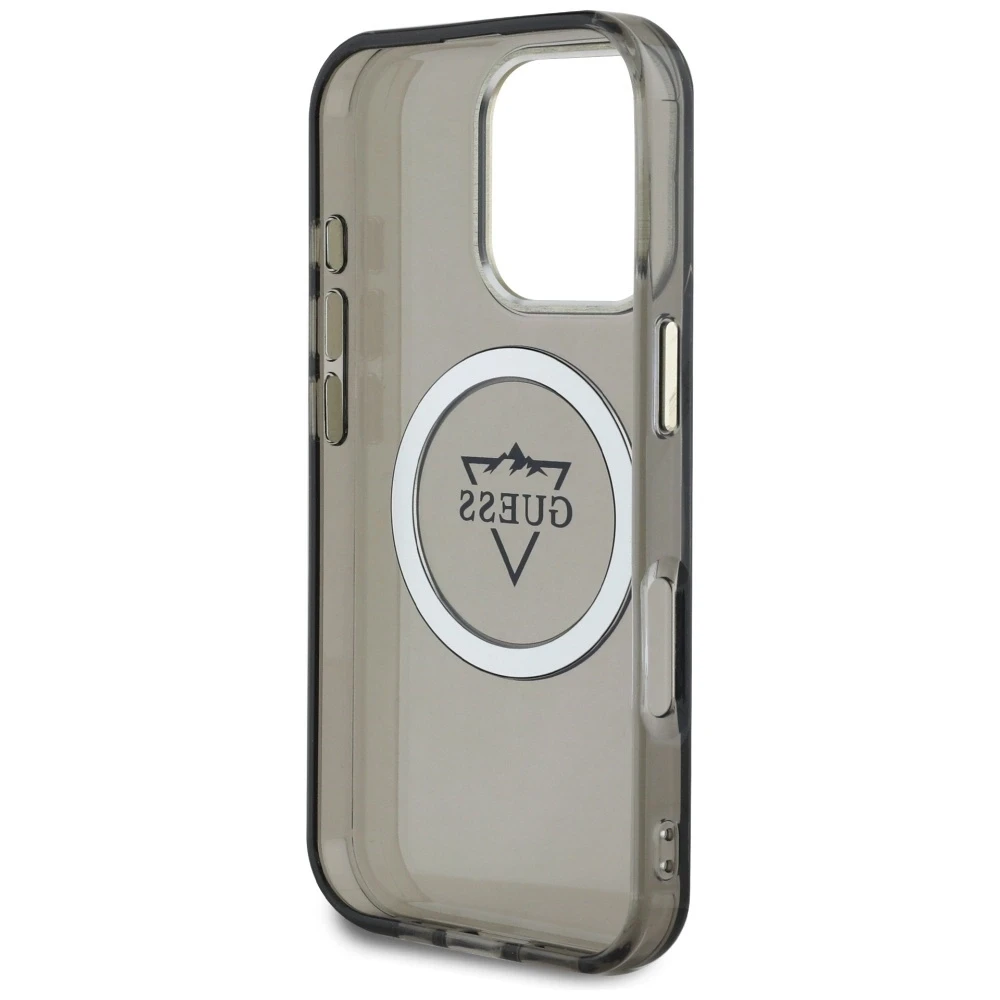 Dėklas Guess IML Metal Mountain Logo MagSafe Apple iPhone 16 Pro juodos spalvos
