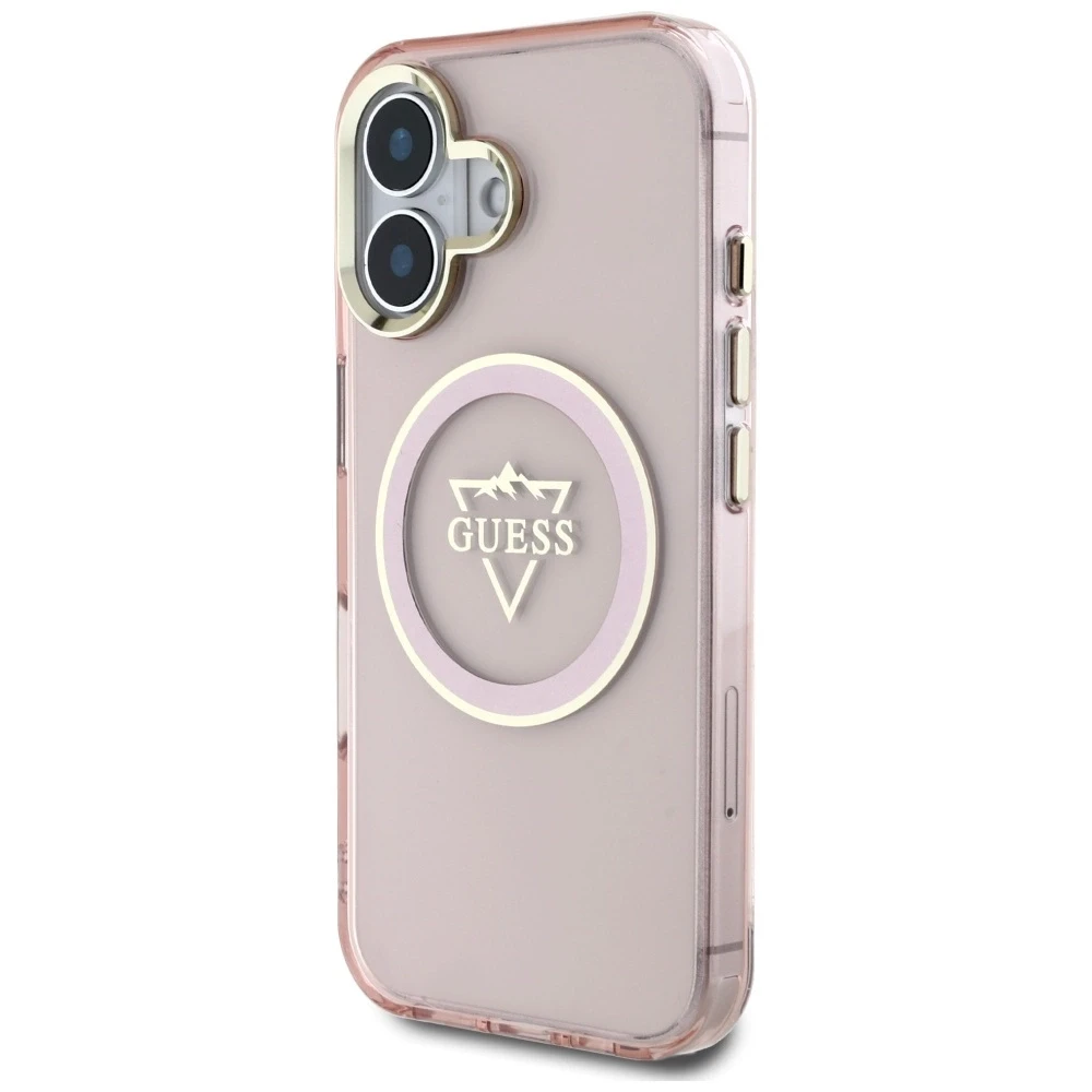 Dėklas Guess IML Metal Mountain Logo MagSafe Apple iPhone 16 rožinės spalvos