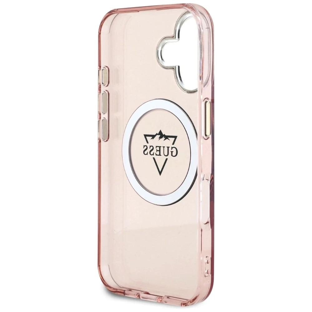 Dėklas Guess IML Metal Mountain Logo MagSafe Apple iPhone 16 rožinės spalvos