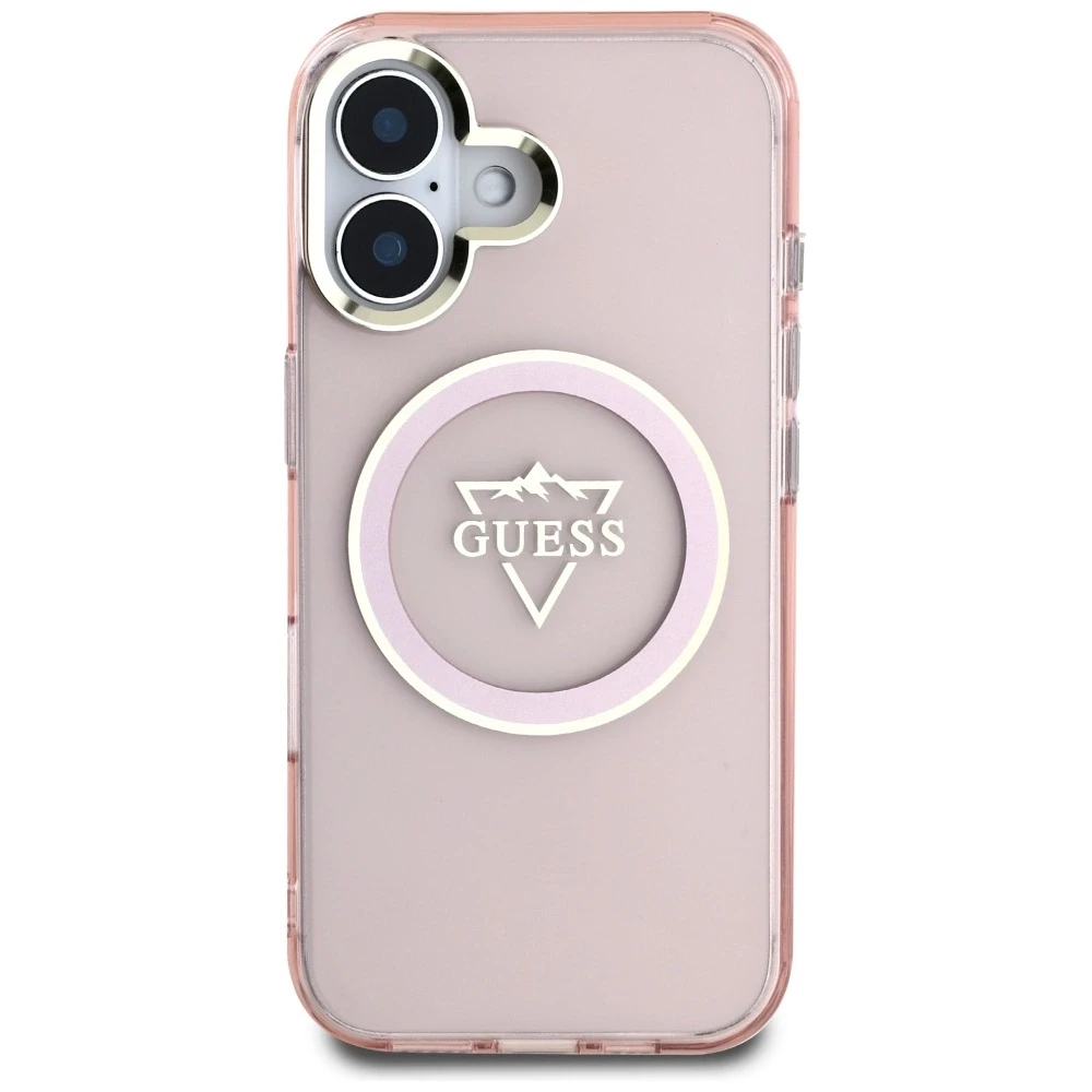 Dėklas Guess IML Metal Mountain Logo MagSafe Apple iPhone 16 rožinės spalvos