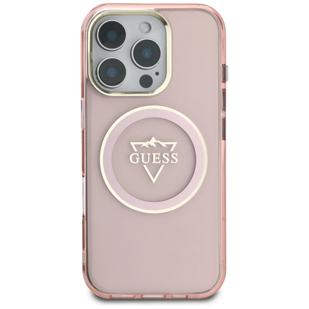 Guess IML Metal Mountain Logo MagSafe Apple iPhone 16 Pro Max dėklas telefonui rožinės spalvos