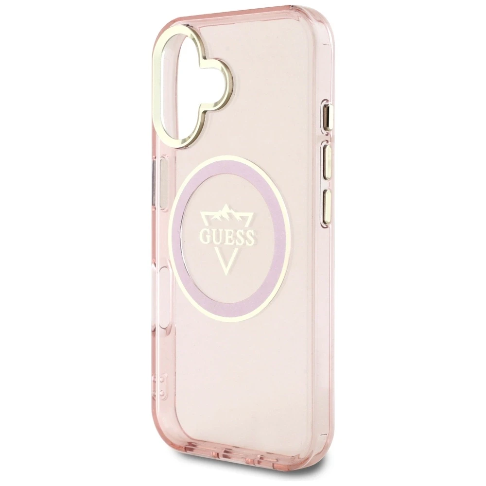 Dėklas Guess IML Metal Mountain Logo MagSafe Apple iPhone 16 rožinės spalvos