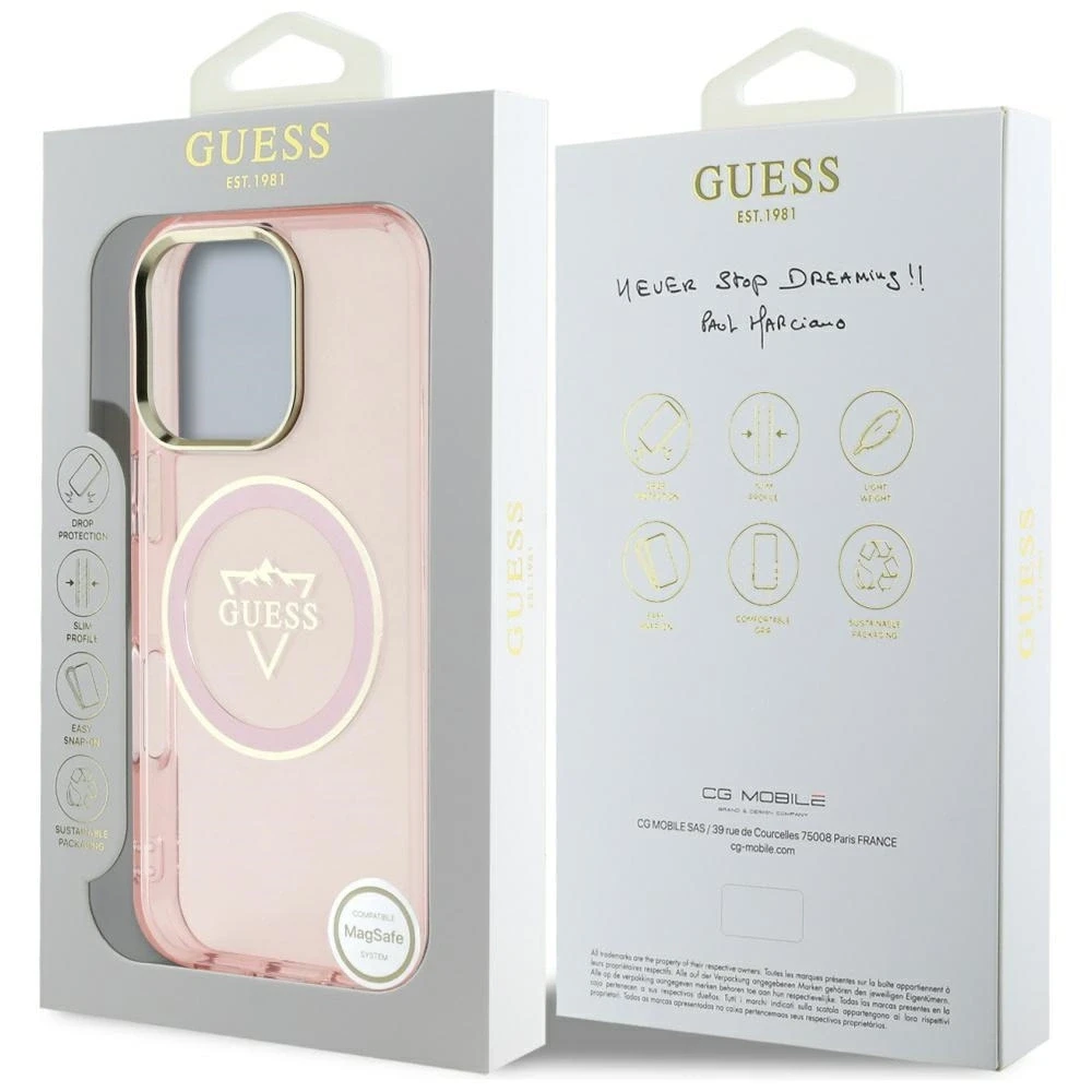 Guess IML Metal Mountain Logo MagSafe Apple iPhone 16 Pro Max dėklas telefonui rožinės spalvos