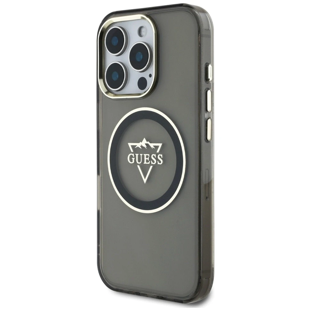 Dėklas Guess IML Metal Mountain Logo MagSafe Apple iPhone 16 Pro juodos spalvos