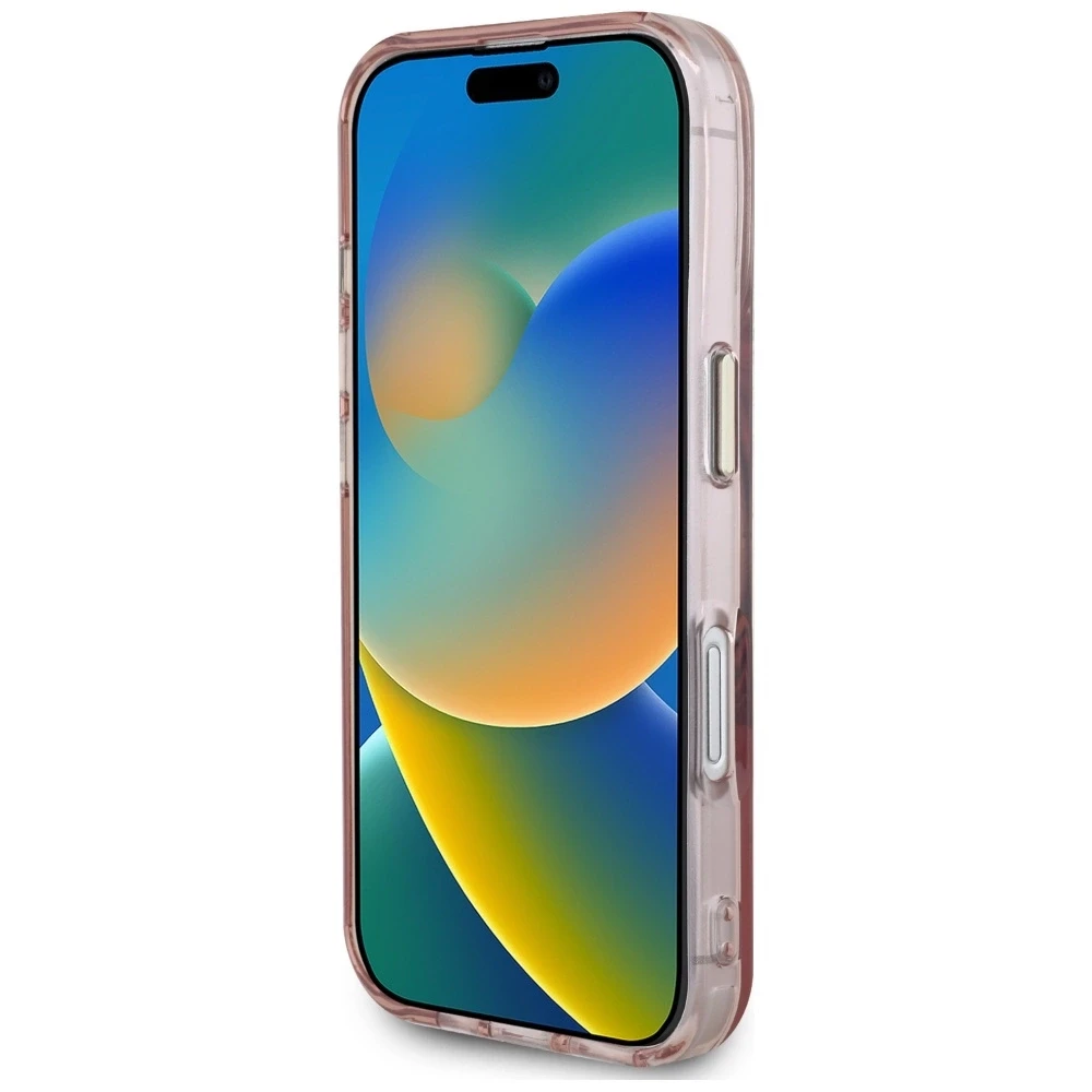 Dėklas Guess IML Metal Mountain Logo MagSafe Apple iPhone 16 rožinės spalvos