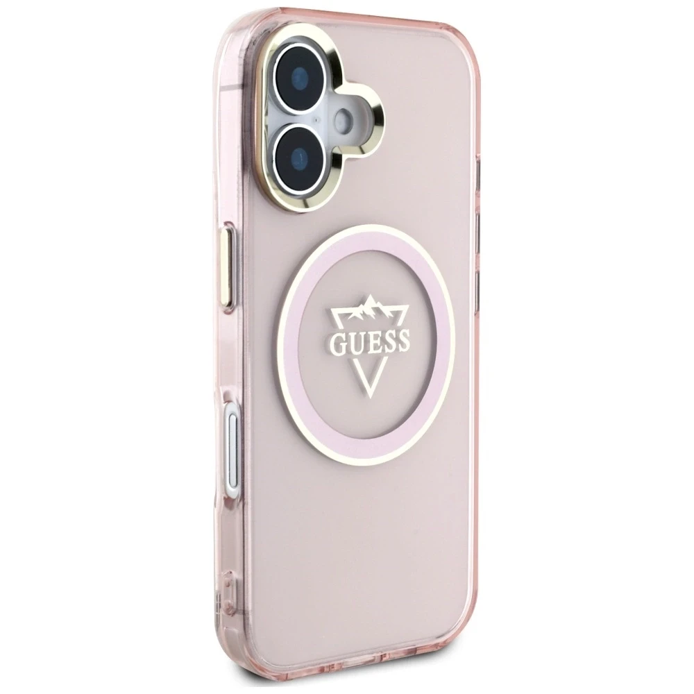 Dėklas Guess IML Metal Mountain Logo MagSafe Apple iPhone 16 rožinės spalvos