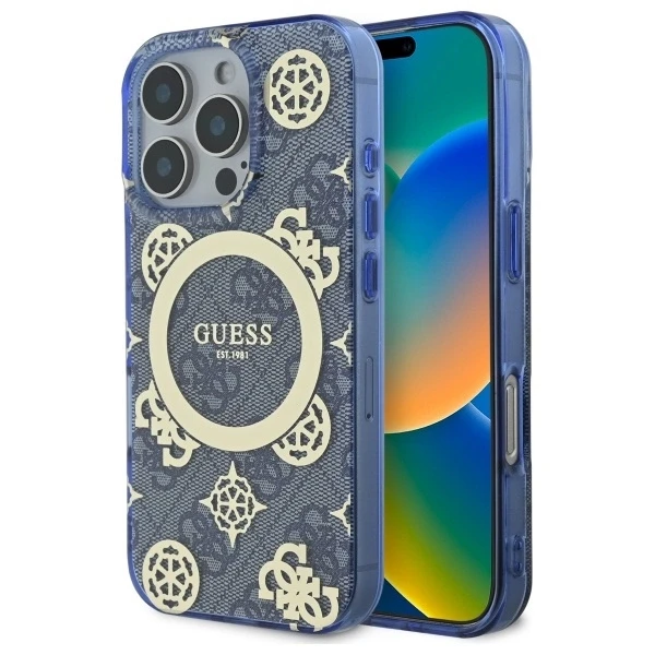 Guess GUHMP16LH4PYEEB iPhone 16 Pro 6,3" mėlynas kietas dėklas IML Peony On 4G Background MagSafe