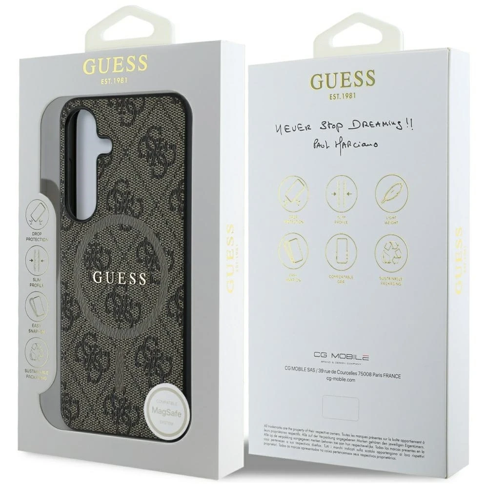 Guess Leather 4G Colored Ring Classic Logo MagSafe Samsung Galaxy S25 dėklas telefonui rudos spalvos