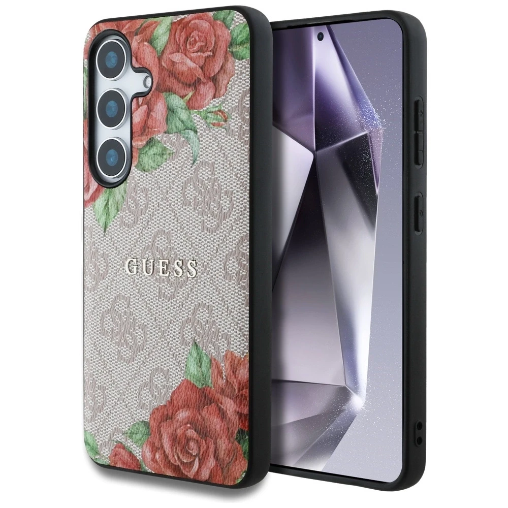 Guess Leather 4G Flowers Print Metal Classic Logo MagSafe Samsung Galaxy S25 dėklas rožinės spalvos