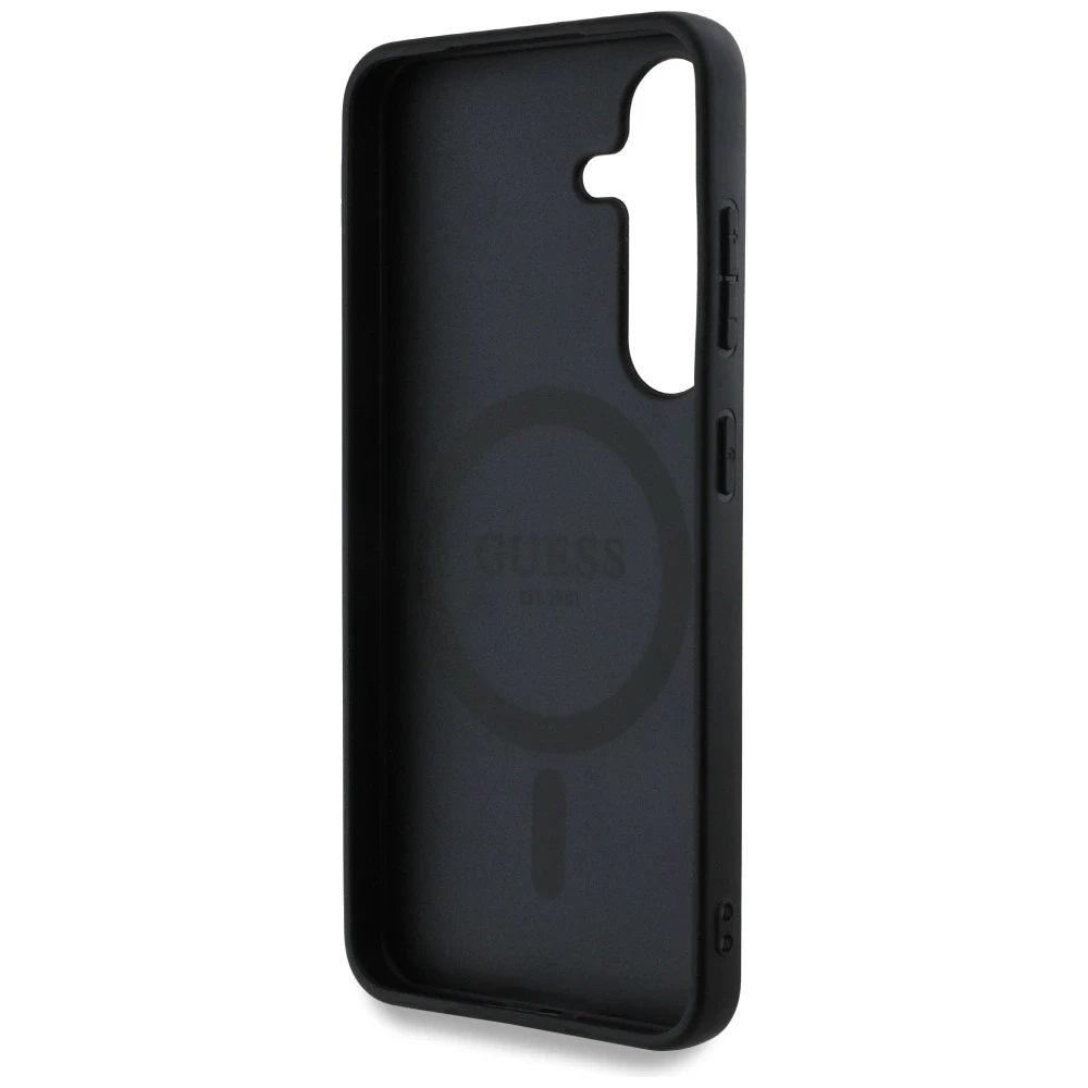 Guess Leather 4G Flowers Print Metal Classic Logo MagSafe Samsung Galaxy S25 dėklas rožinės spalvos