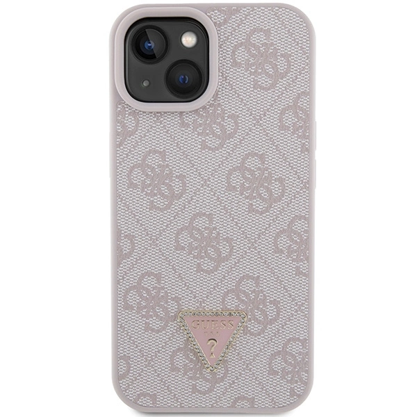 Guess PU 4G Strass Triangle Metal Logo dėklas skirtas Apple iPhone 15 rožinės spalvos