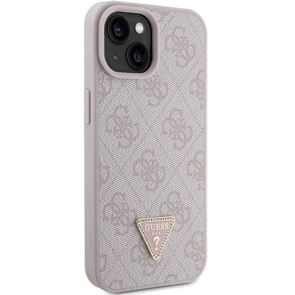 Guess PU 4G Strass Triangle Metal Logo dėklas skirtas Apple iPhone 15 rožinės spalvos