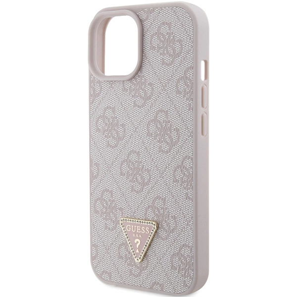 Guess PU 4G Strass Triangle Metal Logo dėklas skirtas Apple iPhone 15 rožinės spalvos