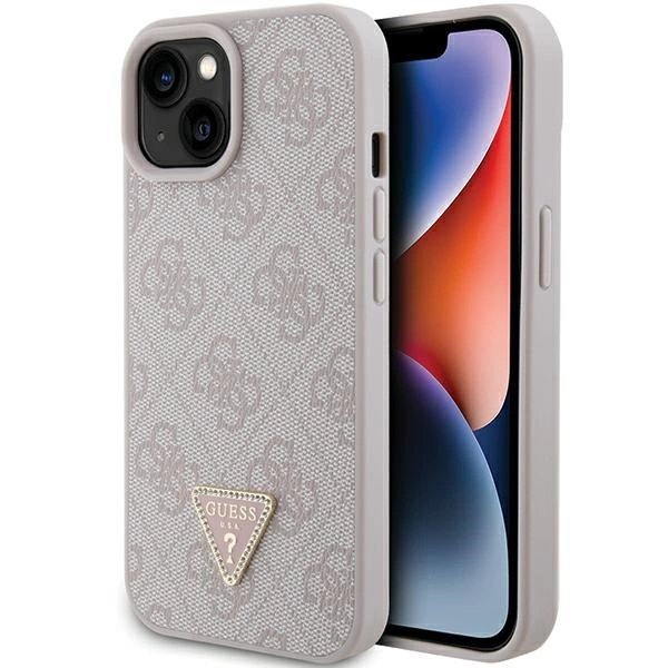 Guess PU 4G Strass Triangle Metal Logo dėklas skirtas Apple iPhone 15 rožinės spalvos