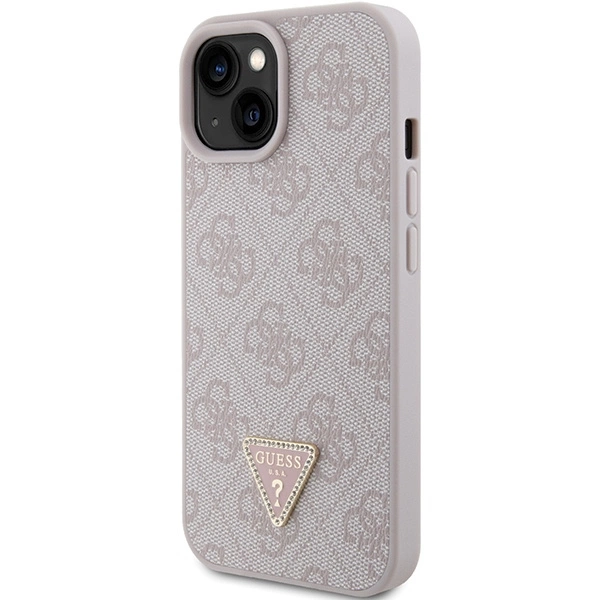Guess PU 4G Strass Triangle Metal Logo dėklas skirtas Apple iPhone 15 rožinės spalvos