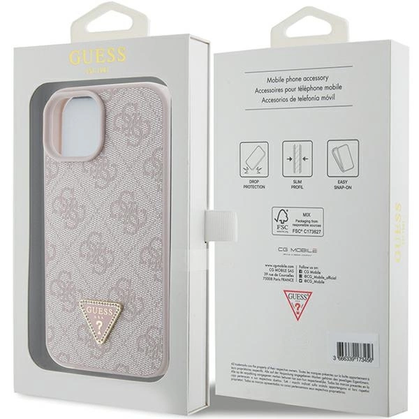 Guess PU 4G Strass Triangle Metal Logo dėklas skirtas Apple iPhone 15 rožinės spalvos