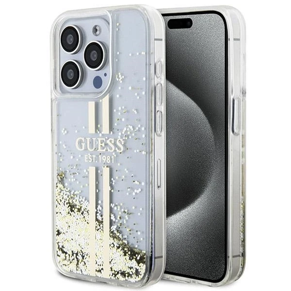 Dėklas GUESS GUHCP15LLFCSEGT IPHONE 15 PRO 6.1 "SKAIDRUS KIETAS DĖLĖLIS SKYSTOS BLIGAUS AUKSO JUOSTOS