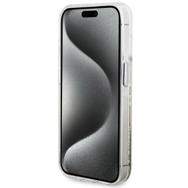 Dėklas GUESS GUHCP15LLFCSEGT IPHONE 15 PRO 6.1 "SKAIDRUS KIETAS DĖLĖLIS SKYSTOS BLIGAUS AUKSO JUOSTOS