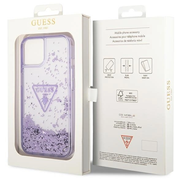 „Guess Liquid Glitter Palm Collection“ dėklas, skirtas iPhone 14 Plus 6.7" - violetinė