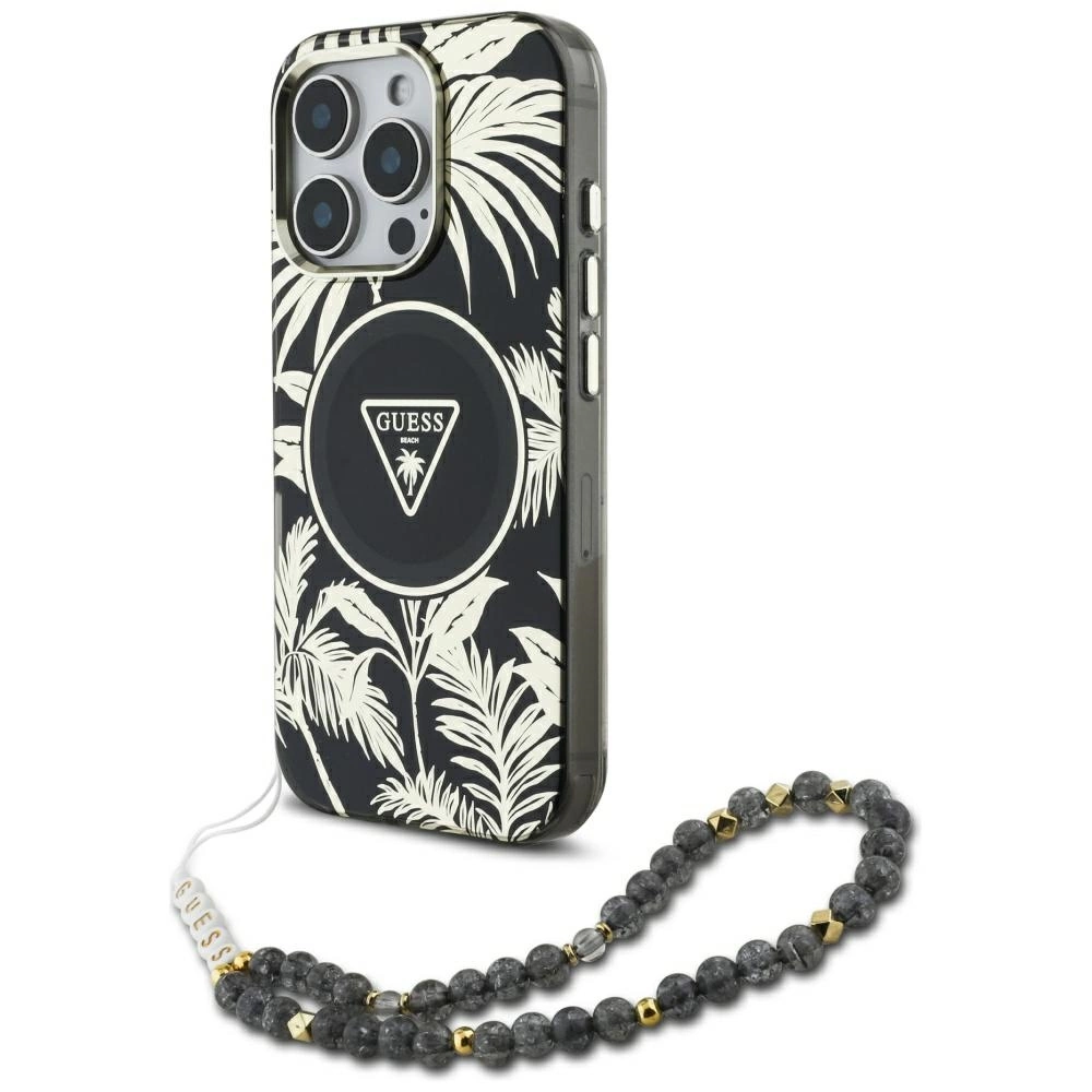 Guess Palm Trees Triangle Pearl Strap MagSafe - dėklas skirtas Apple iPhone 16 Pro juodas