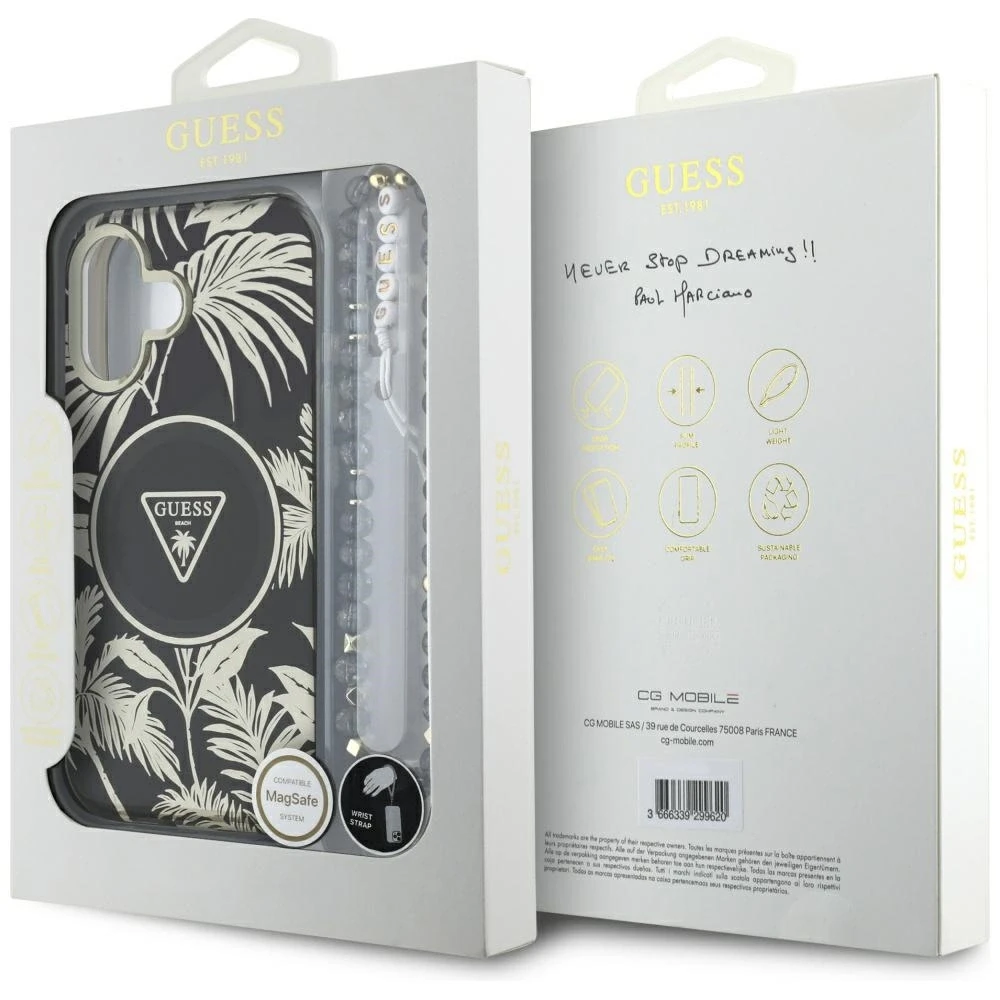 Guess Palm Trees Triangle Pearl Strap MagSafe Apple iPhone 16 dėklas telefonui juodos spalvos