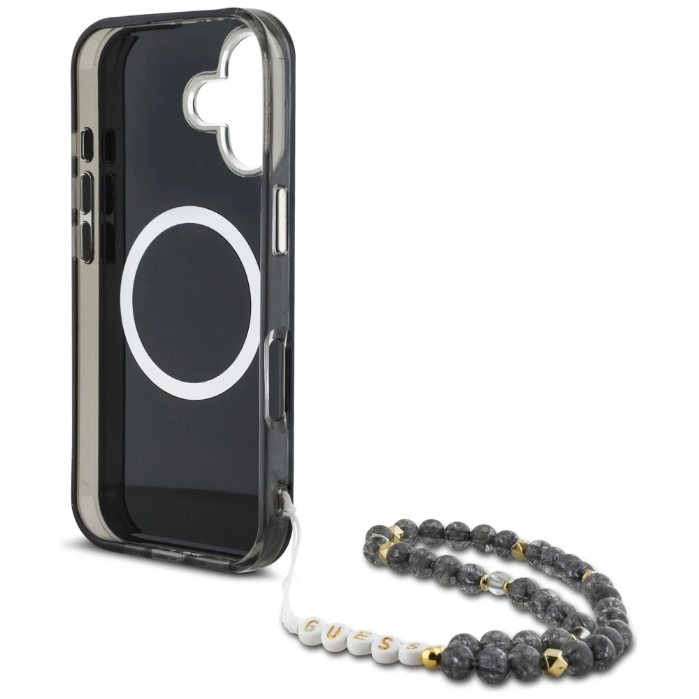 Guess Palm Trees Triangle Pearl Strap MagSafe Apple iPhone 16 dėklas telefonui juodos spalvos