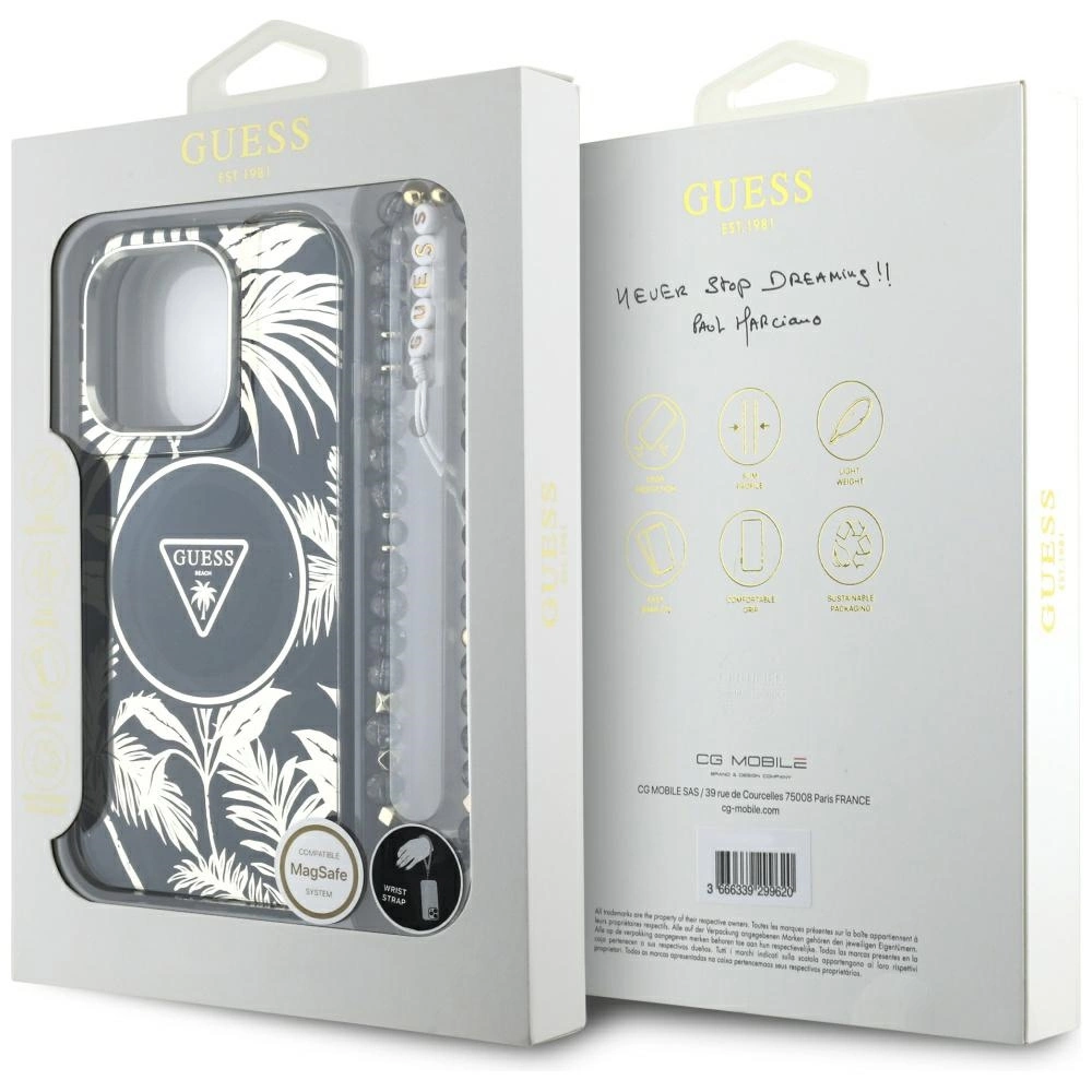 Guess Palm Trees Triangle Pearl Strap MagSafe - dėklas skirtas Apple iPhone 16 Pro juodas