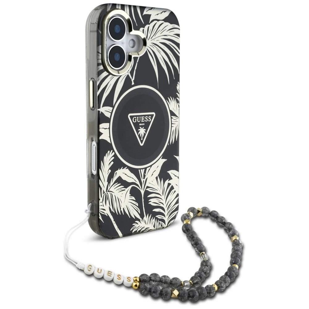 Guess Palm Trees Triangle Pearl Strap MagSafe Apple iPhone 16 dėklas telefonui juodos spalvos