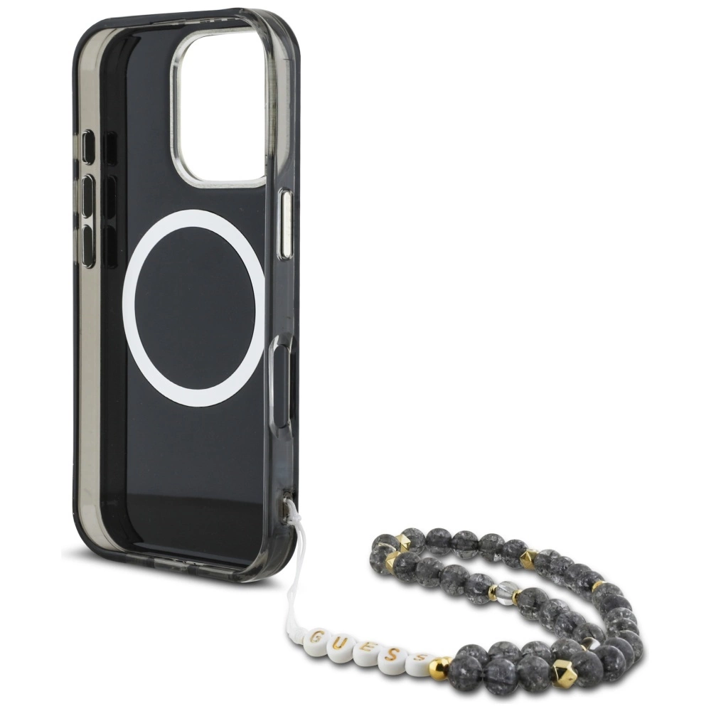 Guess Palm Trees Triangle Pearl Strap MagSafe - dėklas skirtas Apple iPhone 16 Pro juodas
