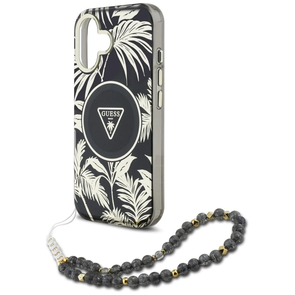 Guess Palm Trees Triangle Pearl Strap MagSafe Apple iPhone 16 dėklas telefonui juodos spalvos
